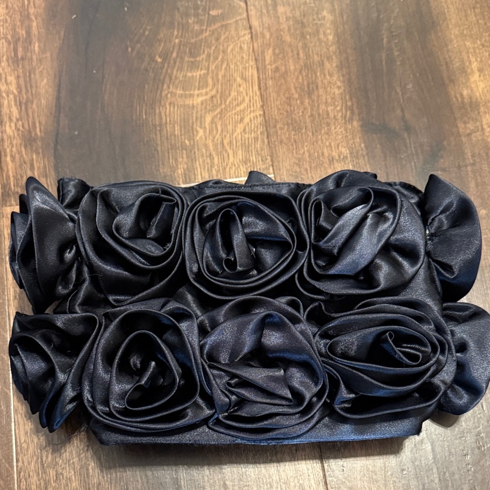 Elegant Black Satin Rose Clutch Bag